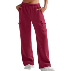 imageYEOREO Sweatpants Womens Cargo Pants Fleece Lined Wide Leg Joggers Baggy Drawstring Nairi Sweat Pants with PocketsAncora Red