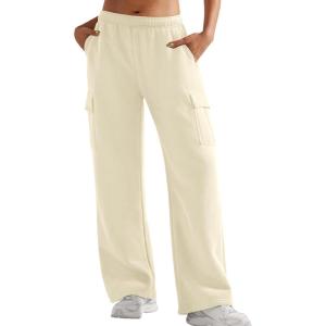 imageYEOREO Sweatpants Womens Cargo Pants Fleece Lined Wide Leg Joggers Baggy Drawstring Nairi Sweat Pants with PocketsApricot