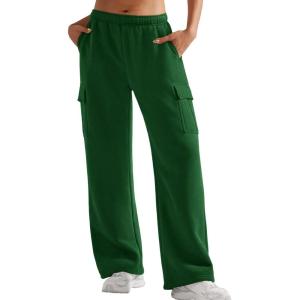 imageYEOREO Sweatpants Womens Cargo Pants Fleece Lined Wide Leg Joggers Baggy Drawstring Nairi Sweat Pants with PocketsDark Green