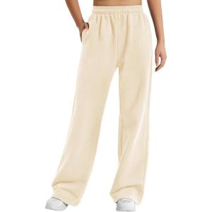 imageYEOREO Womens Wide Leg Sweatpants Drawstring Baggy Sweatpants Penny Fleece Lined Lounge Pants with PocketsMilk