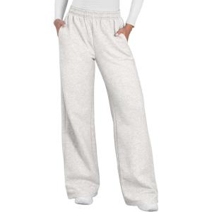 imageYEOREO Womens Wide Leg Sweatpants Drawstring Baggy Sweatpants Penny Fleece Lined Lounge Pants with PocketsWhite Grey