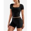 imageYEOREO Lounge Sets for Women 2 Piece Short Sleeve Square Neck Tops Casual Outfits Fold Over Shorts Workout TracksuitBlack