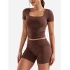 imageYEOREO Lounge Sets for Women 2 Piece Short Sleeve Square Neck Tops Casual Outfits Fold Over Shorts Workout TracksuitBrown