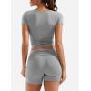 imageYEOREO Lounge Sets for Women 2 Piece Short Sleeve Square Neck Tops Casual Outfits Fold Over Shorts Workout TracksuitLight Gray