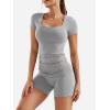 imageYEOREO Lounge Sets for Women 2 Piece Short Sleeve Square Neck Tops Casual Outfits Fold Over Shorts Workout TracksuitLight Gray