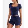 imageYEOREO Lounge Sets for Women 2 Piece Short Sleeve Square Neck Tops Casual Outfits Fold Over Shorts Workout TracksuitNavy