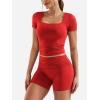 imageYEOREO Lounge Sets for Women 2 Piece Short Sleeve Square Neck Tops Casual Outfits Fold Over Shorts Workout TracksuitRed