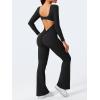 imageYEOREO One Piece Wide Leg Jumpsuits for Women Workout Long Sleeve Backless Flare Jumpsuit Lizvette Scrunch V Back Yoga RomperBlack