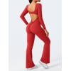 imageYEOREO One Piece Wide Leg Jumpsuits for Women Workout Long Sleeve Backless Flare Jumpsuit Lizvette Scrunch V Back Yoga RomperBright Red