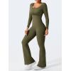 imageYEOREO One Piece Wide Leg Jumpsuits for Women Workout Long Sleeve Backless Flare Jumpsuit Lizvette Scrunch V Back Yoga RomperOlive Green