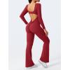 imageYEOREO One Piece Wide Leg Jumpsuits for Women Workout Long Sleeve Backless Flare Jumpsuit Lizvette Scrunch V Back Yoga RomperRed