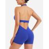 imageYEOREO Women Halter Workout Jumpsuits One Piece Backless Bodycon Bodysuits Hidden Scrunch V Back Yoga Joceline Short RomperBlue