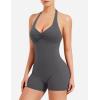 imageYEOREO Women Halter Workout Jumpsuits One Piece Backless Bodycon Bodysuits Hidden Scrunch V Back Yoga Joceline Short RomperCoal