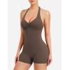 imageYEOREO Women Halter Workout Jumpsuits One Piece Backless Bodycon Bodysuits Hidden Scrunch V Back Yoga Joceline Short RomperCoffee