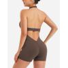 imageYEOREO Women Halter Workout Jumpsuits One Piece Backless Bodycon Bodysuits Hidden Scrunch V Back Yoga Joceline Short RomperCoffee