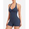 imageYEOREO Women Halter Workout Jumpsuits One Piece Backless Bodycon Bodysuits Hidden Scrunch V Back Yoga Joceline Short RomperNavy Blue