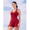 imageYEOREO Women Halter Workout Jumpsuits One Piece Backless Bodycon Bodysuits Hidden Scrunch V Back Yoga Joceline Short RomperWine Red