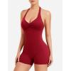 imageYEOREO Women Halter Workout Jumpsuits One Piece Backless Bodycon Bodysuits Hidden Scrunch V Back Yoga Joceline Short RomperWine Red