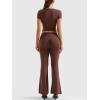 imageYEOREO Women Two Piece Lounge Set Outfits Short Sleeve Foldover Top Flare Pants Tracksuit Casual Sets ErnaCoffee