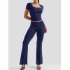 imageYEOREO Women Two Piece Lounge Set Outfits Short Sleeve Foldover Top Flare Pants Tracksuit Casual Sets ErnaNavy