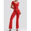 imageYEOREO Women Two Piece Lounge Set Outfits Short Sleeve Foldover Top Flare Pants Tracksuit Casual Sets ErnaRed