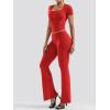 imageYEOREO Women Two Piece Lounge Set Outfits Short Sleeve Foldover Top Flare Pants Tracksuit Casual Sets ErnaRed