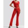 imageYEOREO Women Two Piece Lounge Set Outfits Short Sleeve Foldover Top Flare Pants Tracksuit Casual Sets ErnaRed