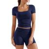 imageYEOREO Lounge Sets for Women 2 Piece Short Sleeve Square Neck Tops Casual Outfits Fold Over Shorts Workout TracksuitNavy