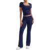 imageYEOREO Women Two Piece Lounge Set Outfits Short Sleeve Foldover Top Flare Pants Tracksuit Casual Sets ErnaNavy