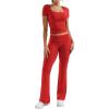 imageYEOREO Women Two Piece Lounge Set Outfits Short Sleeve Foldover Top Flare Pants Tracksuit Casual Sets ErnaRed