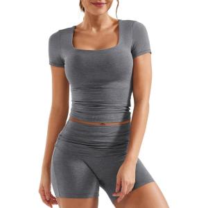 imageYEOREO Lounge Sets for Women 2 Piece Short Sleeve Square Neck Tops Casual Outfits Fold Over Shorts Workout TracksuitDark Grey