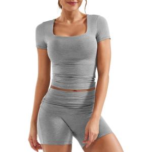 imageYEOREO Lounge Sets for Women 2 Piece Short Sleeve Square Neck Tops Casual Outfits Fold Over Shorts Workout TracksuitLight Gray