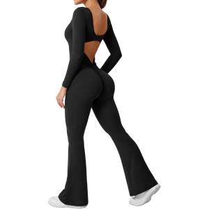 imageYEOREO One Piece Wide Leg Jumpsuits for Women Workout Long Sleeve Backless Flare Jumpsuit Lizvette Scrunch V Back Yoga RomperBlack