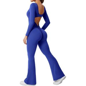 imageYEOREO One Piece Wide Leg Jumpsuits for Women Workout Long Sleeve Backless Flare Jumpsuit Lizvette Scrunch V Back Yoga RomperBlue