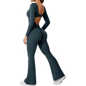 imageYEOREO One Piece Wide Leg Jumpsuits for Women Workout Long Sleeve Backless Flare Jumpsuit Lizvette Scrunch V Back Yoga RomperBlue Green