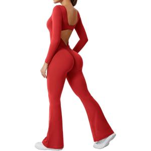 imageYEOREO One Piece Wide Leg Jumpsuits for Women Workout Long Sleeve Backless Flare Jumpsuit Lizvette Scrunch V Back Yoga RomperBright Red