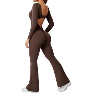 imageYEOREO One Piece Wide Leg Jumpsuits for Women Workout Long Sleeve Backless Flare Jumpsuit Lizvette Scrunch V Back Yoga RomperBrown