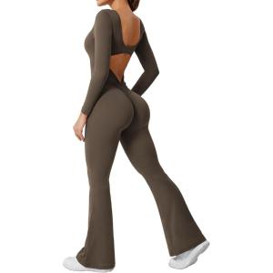 imageYEOREO One Piece Wide Leg Jumpsuits for Women Workout Long Sleeve Backless Flare Jumpsuit Lizvette Scrunch V Back Yoga RomperCoffee