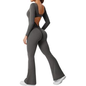imageYEOREO One Piece Wide Leg Jumpsuits for Women Workout Long Sleeve Backless Flare Jumpsuit Lizvette Scrunch V Back Yoga RomperDark Grey