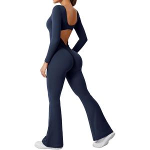 imageYEOREO One Piece Wide Leg Jumpsuits for Women Workout Long Sleeve Backless Flare Jumpsuit Lizvette Scrunch V Back Yoga RomperNavy Blue
