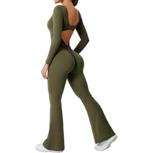imageYEOREO One Piece Wide Leg Jumpsuits for Women Workout Long Sleeve Backless Flare Jumpsuit Lizvette Scrunch V Back Yoga RomperOlive Green
