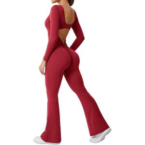 imageYEOREO One Piece Wide Leg Jumpsuits for Women Workout Long Sleeve Backless Flare Jumpsuit Lizvette Scrunch V Back Yoga RomperRed
