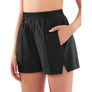 imageYEOREO Pearlire Running Shorts for Women Pockets Quick Dry Mid Rise Elastic Athletic Workout Gym ShortsBlack