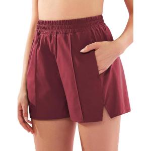 imageYEOREO Pearlire Running Shorts for Women Pockets Quick Dry Mid Rise Elastic Athletic Workout Gym ShortsWine Red