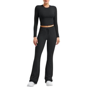 imageYEOREO Two Piece Sets for Women Long Sleeve Tops Lounge Set Drawstring Wide Leg Pants Ava MatchingBlack