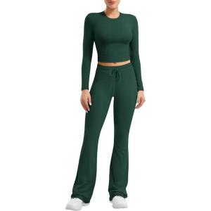 imageYEOREO Two Piece Sets for Women Long Sleeve Tops Lounge Set Drawstring Wide Leg Pants Ava MatchingDark Green