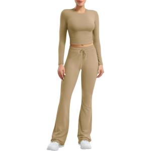 imageYEOREO Two Piece Sets for Women Long Sleeve Tops Lounge Set Drawstring Wide Leg Pants Ava MatchingKhaki