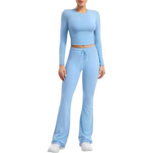 imageYEOREO Two Piece Sets for Women Long Sleeve Tops Lounge Set Drawstring Wide Leg Pants Ava MatchingLight Blue