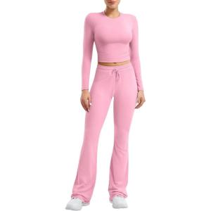 imageYEOREO Two Piece Sets for Women Long Sleeve Tops Lounge Set Drawstring Wide Leg Pants Ava MatchingPink