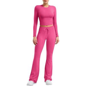 imageYEOREO Two Piece Sets for Women Long Sleeve Tops Lounge Set Drawstring Wide Leg Pants Ava MatchingRose Red
